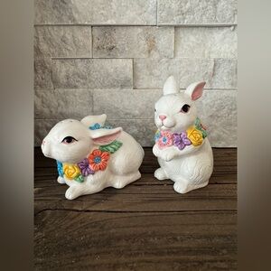 NWOT White Ceramic Bunny Salt and Pepper Shakers with Floral Accents, Easter